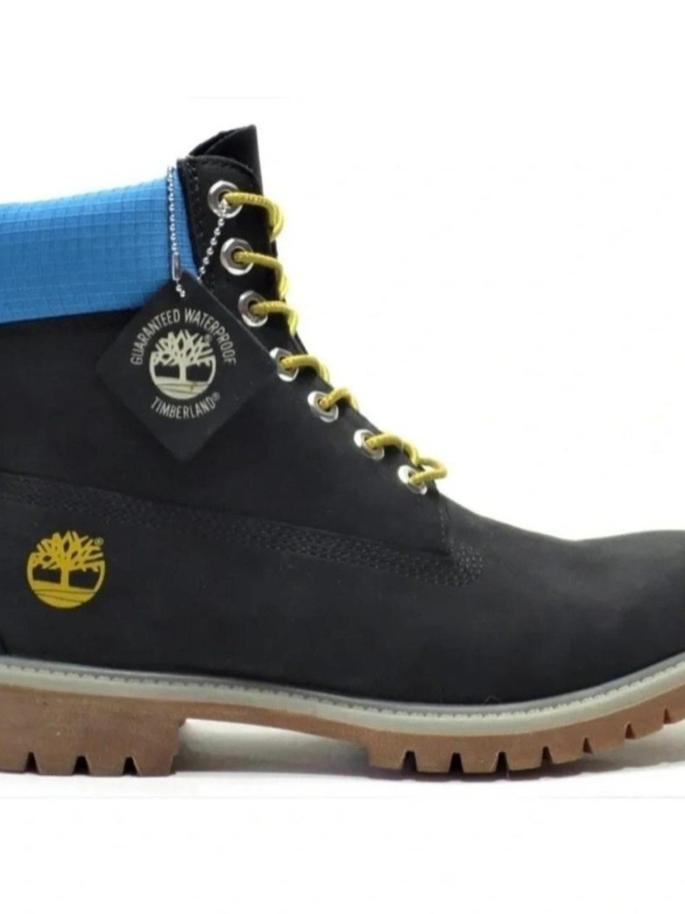 Timberland Black Boot with Blue Collar and Yellow Accents